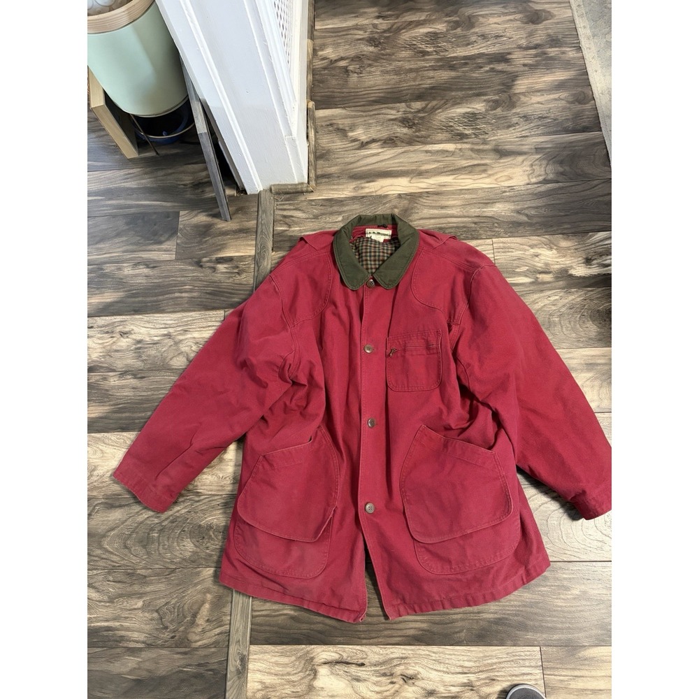 LL Bean Chore Barn Coat Mens XXL Tall Corduroy Collar Canvas Plaid Liner Red Vtg